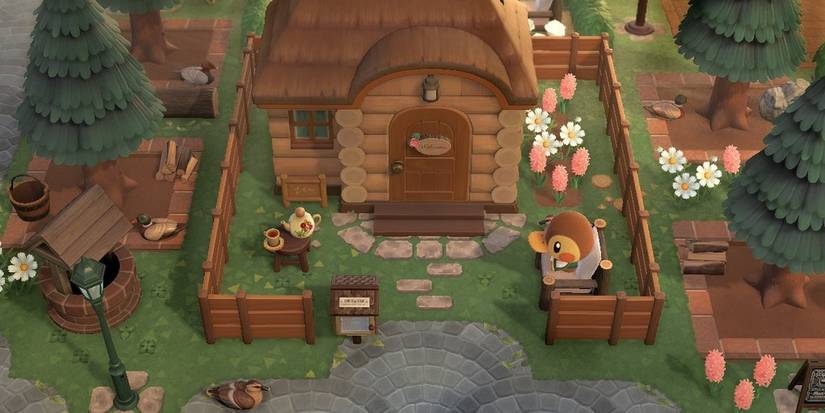 acnh molly villager sitting in yard chair near house