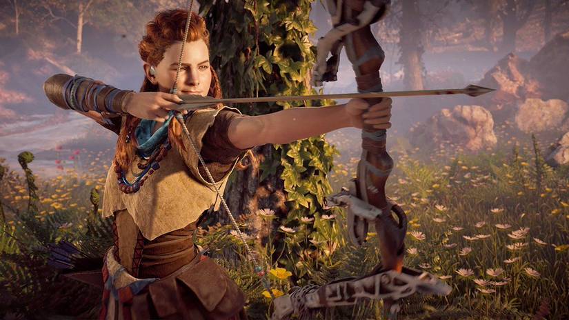 Aloy aiming his bow at horizon zero dawn.