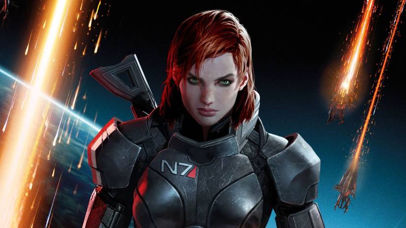 Mass Effect 3 Female Shepard in front of Earth.