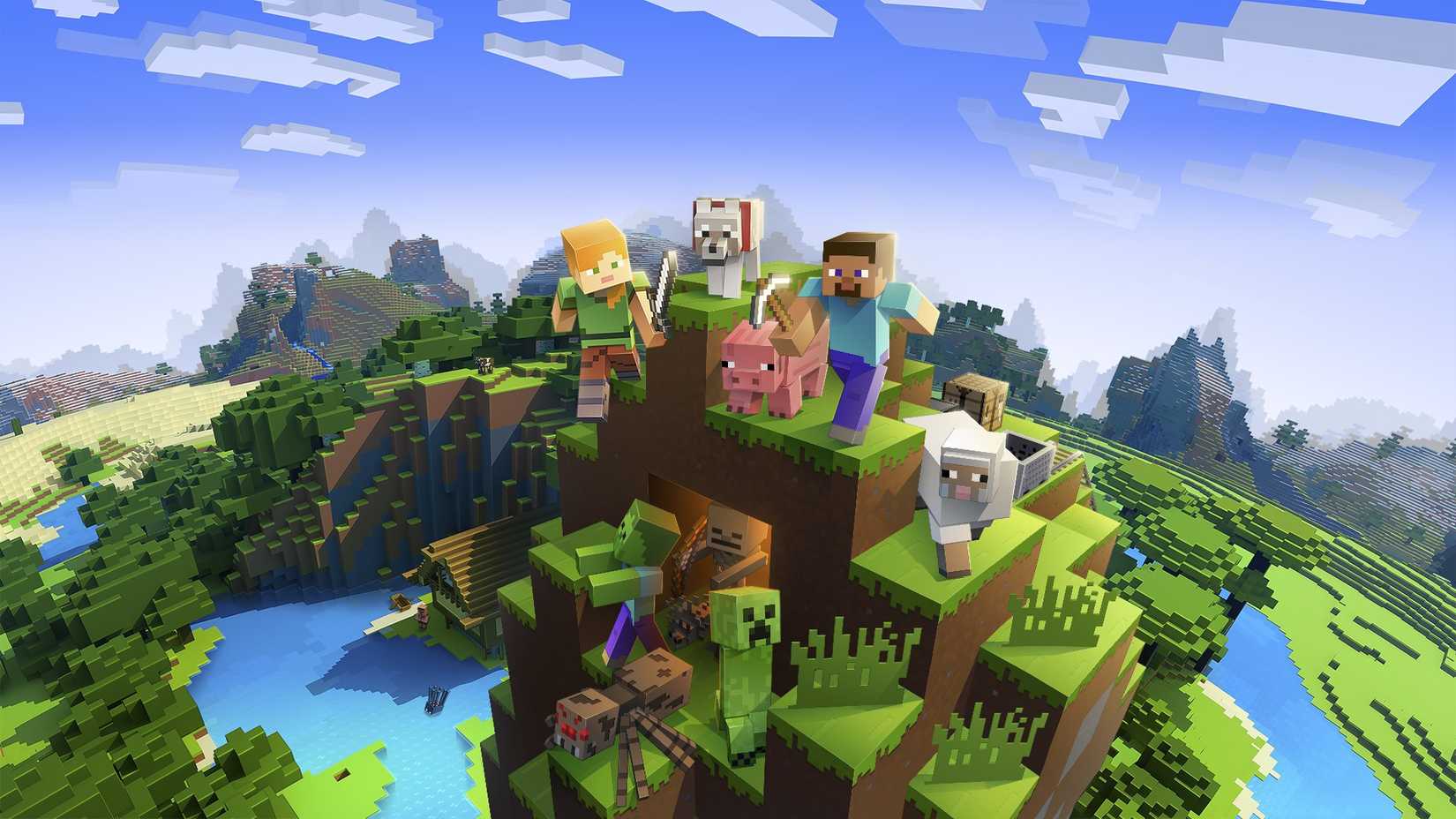 Promo image of Minecraft characters and mobs.