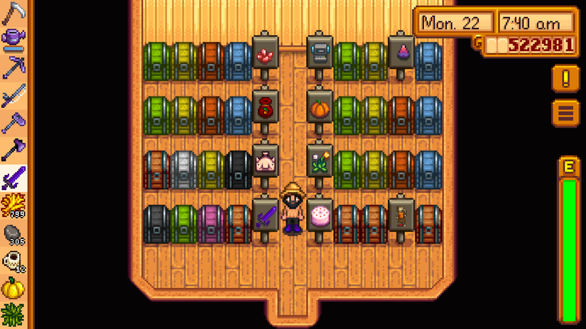 stardew valley chests organized by color and lined in rows
