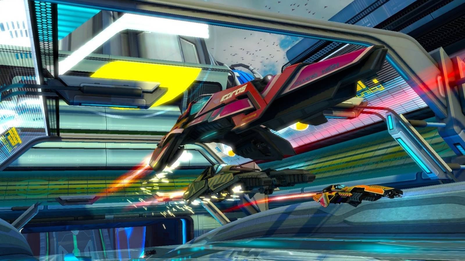 A screenshot showing gameplay in Wipeout Omega Collection