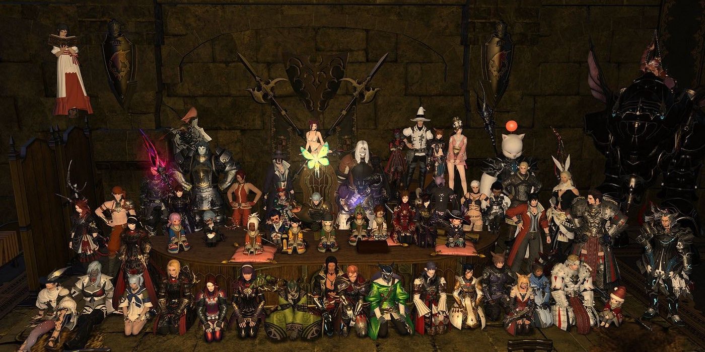 Many player characters posing for photo.