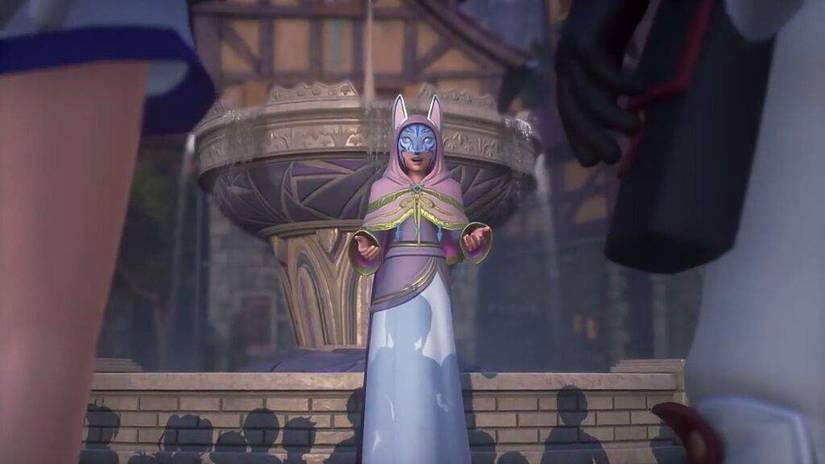 Ava stands in front of the fountain in front of Kingdom Hearts Back Cover.