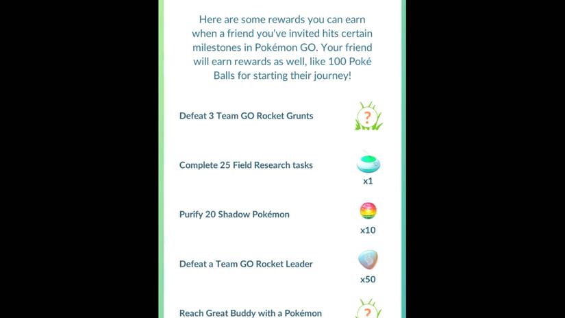 a screenshot of the pokemon go referral program quests and rewards