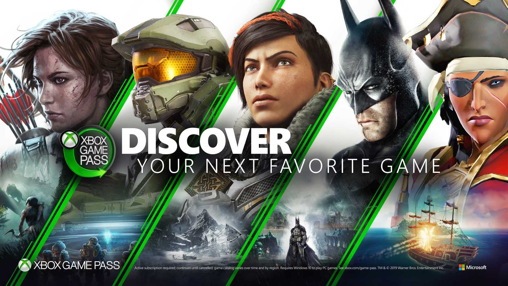 Xbox Game Pass major title protagonist standing in a row behind Game Pass Logo.