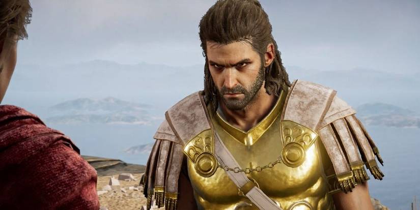 Assassin's Creed Odyssey screeenshot of Deimos in golden armor.