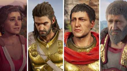 Assassin's Creed Odyssey Endings rankad delad bild - Foton på spelarens familjemedlemmar (vänster till höger) Myrrine, Deimos, Stentor och Nikolaos