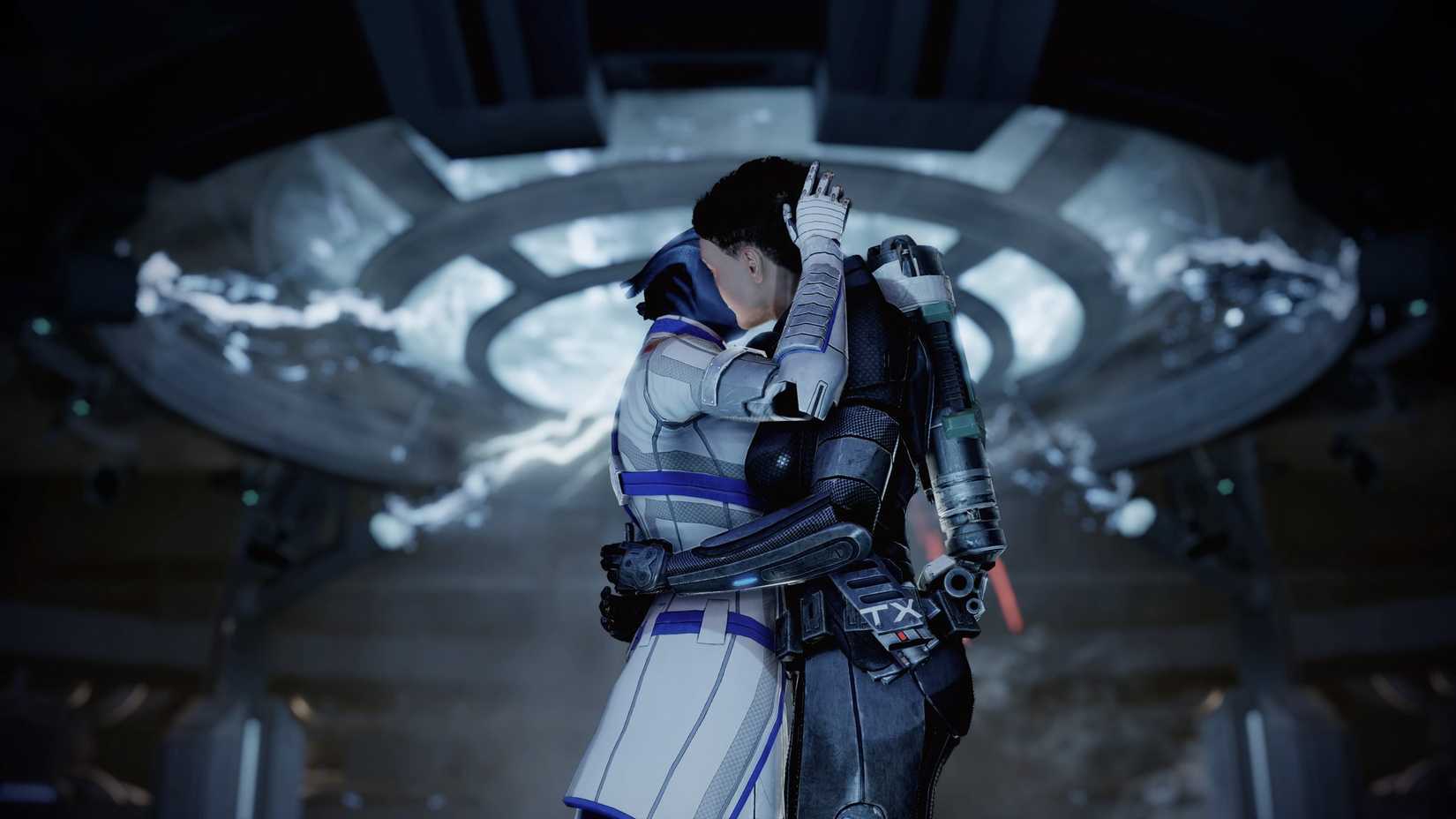 Shepard kisses Liara in the Shadow Broker DLC for Mass Effect 2.