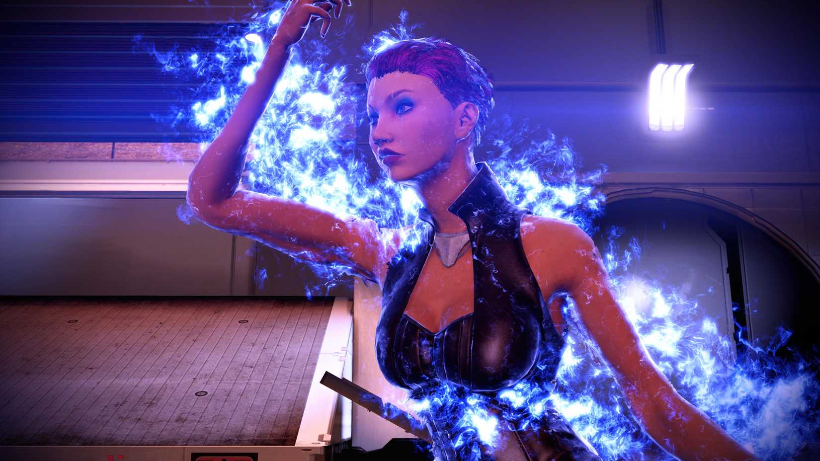 Shepard using biotic powers in Mass Effect Legendary Edition.