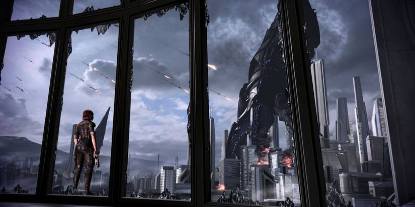 Mass Effect 3 - FemShep looks over the city as the Reaper lands on Earth