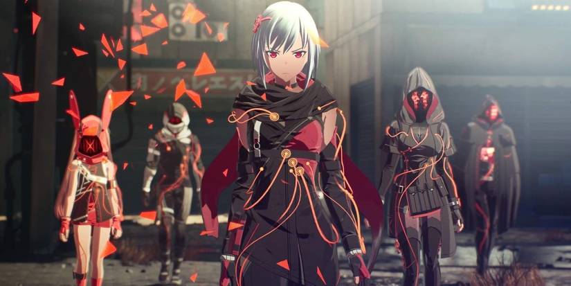 Kasane walking towards the camera with her squad in Scarlet Nexus