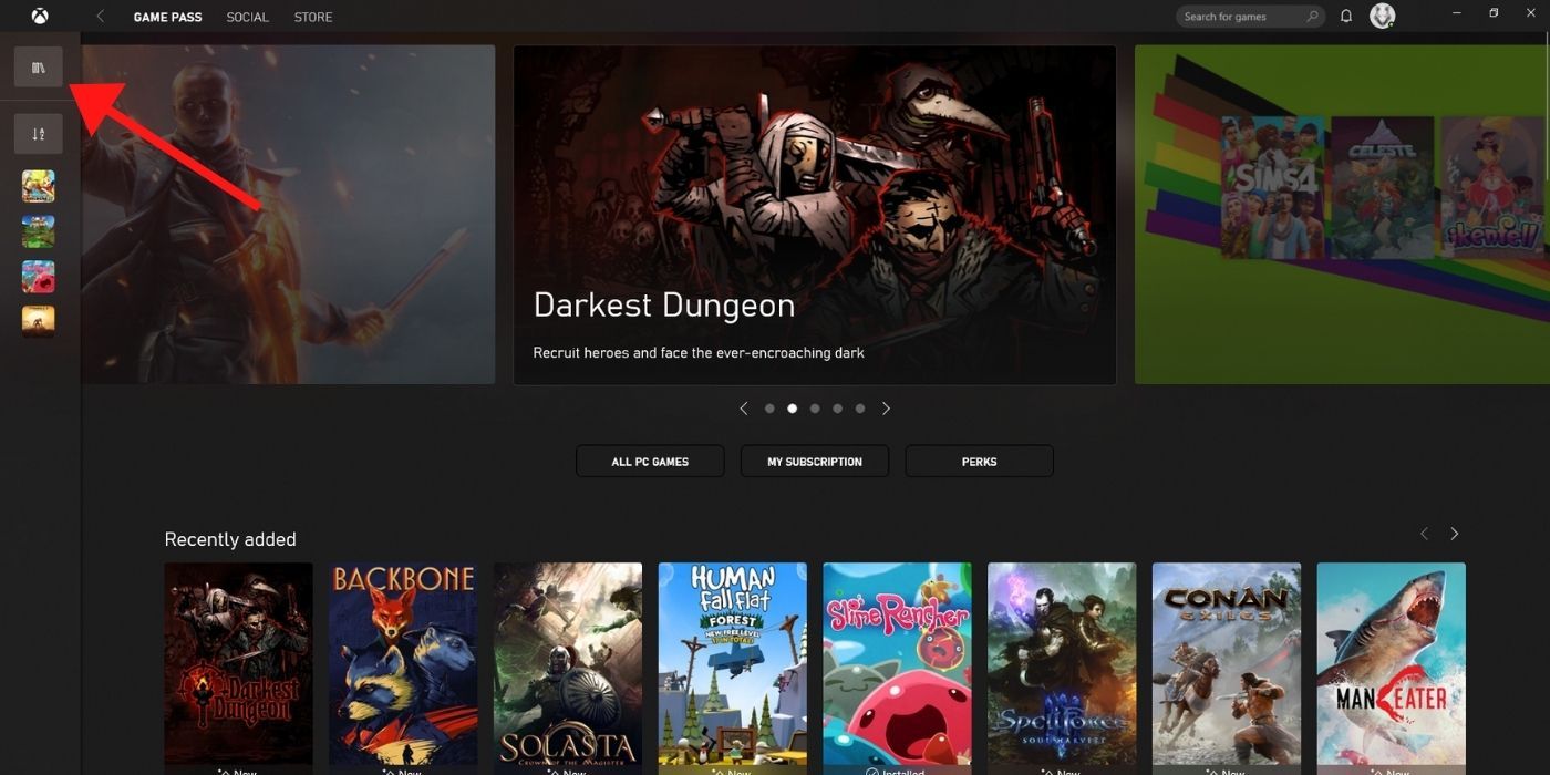 How To Play Xbox Games On PC Screenshot Of Xbox App Home Screen On PC With Red Arrow Pointing To Your Library 