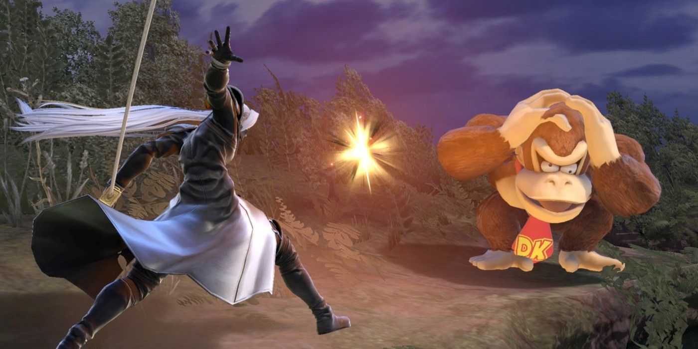 Smash Bros Ultimate Sephiroth firing Shadow Flair at Donkey Kong