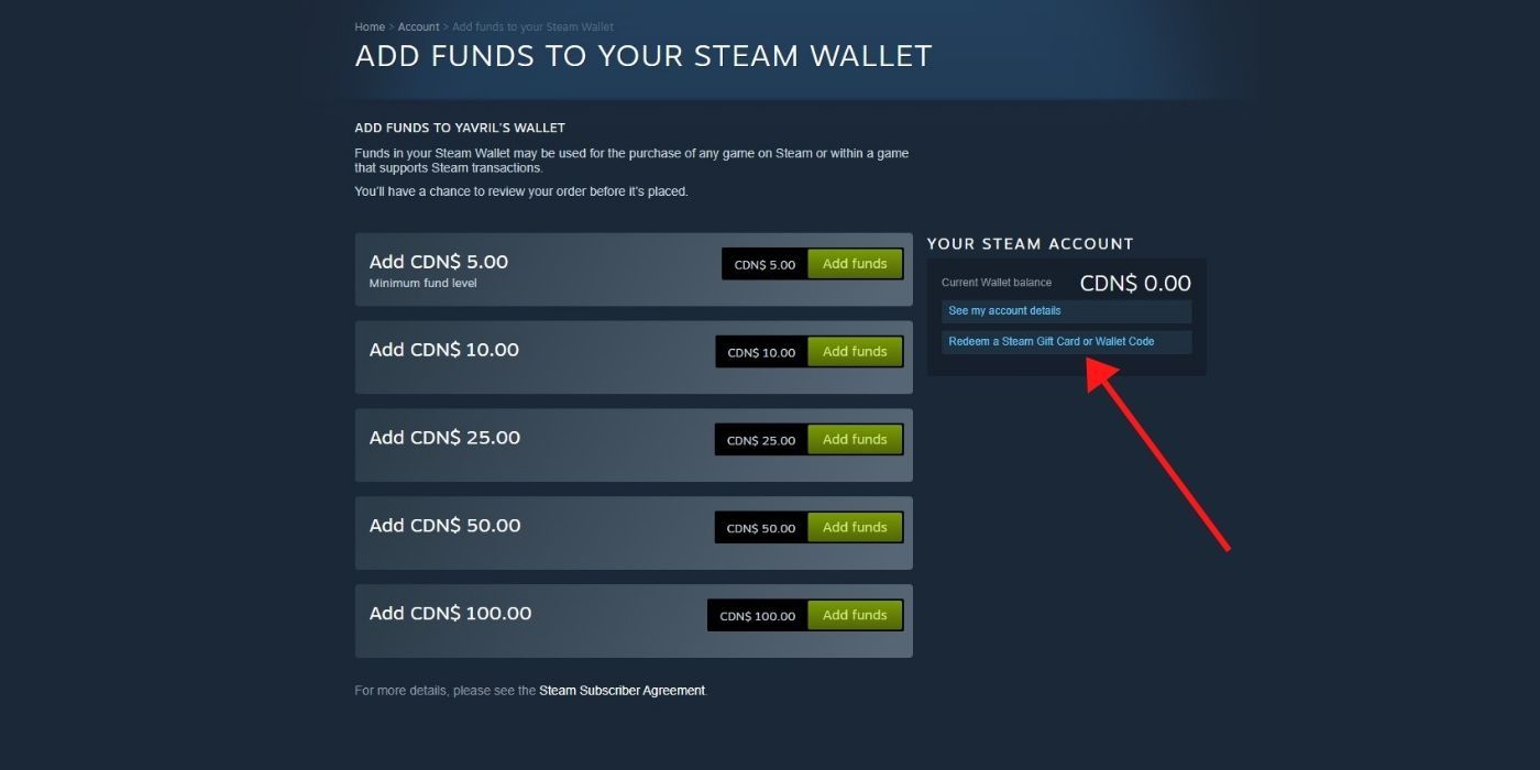 How To Redeem Steam Codes Steam Screenshot Of Add Funds To Your Steam Wallet Menu With An Arrow Directing Viewer How To Redeem A Code 