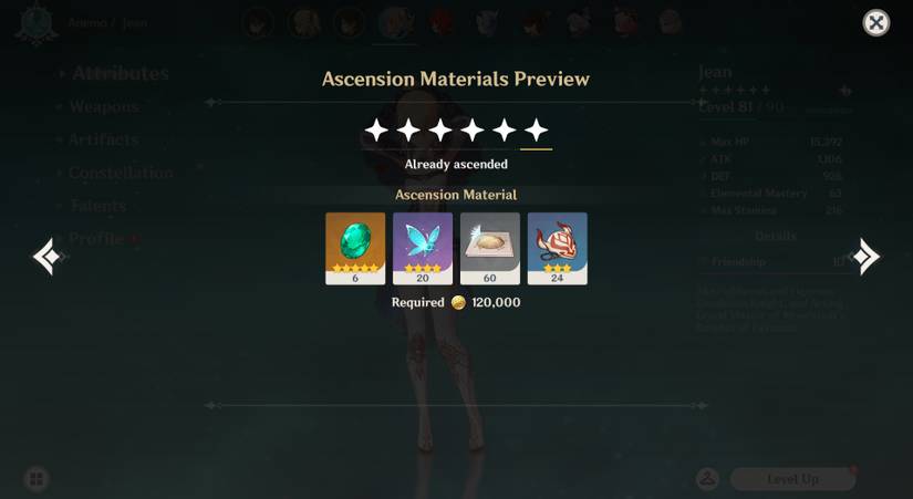 Jean at max ascension level