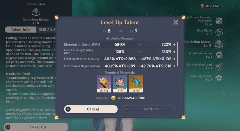 Jean talent level up screen
