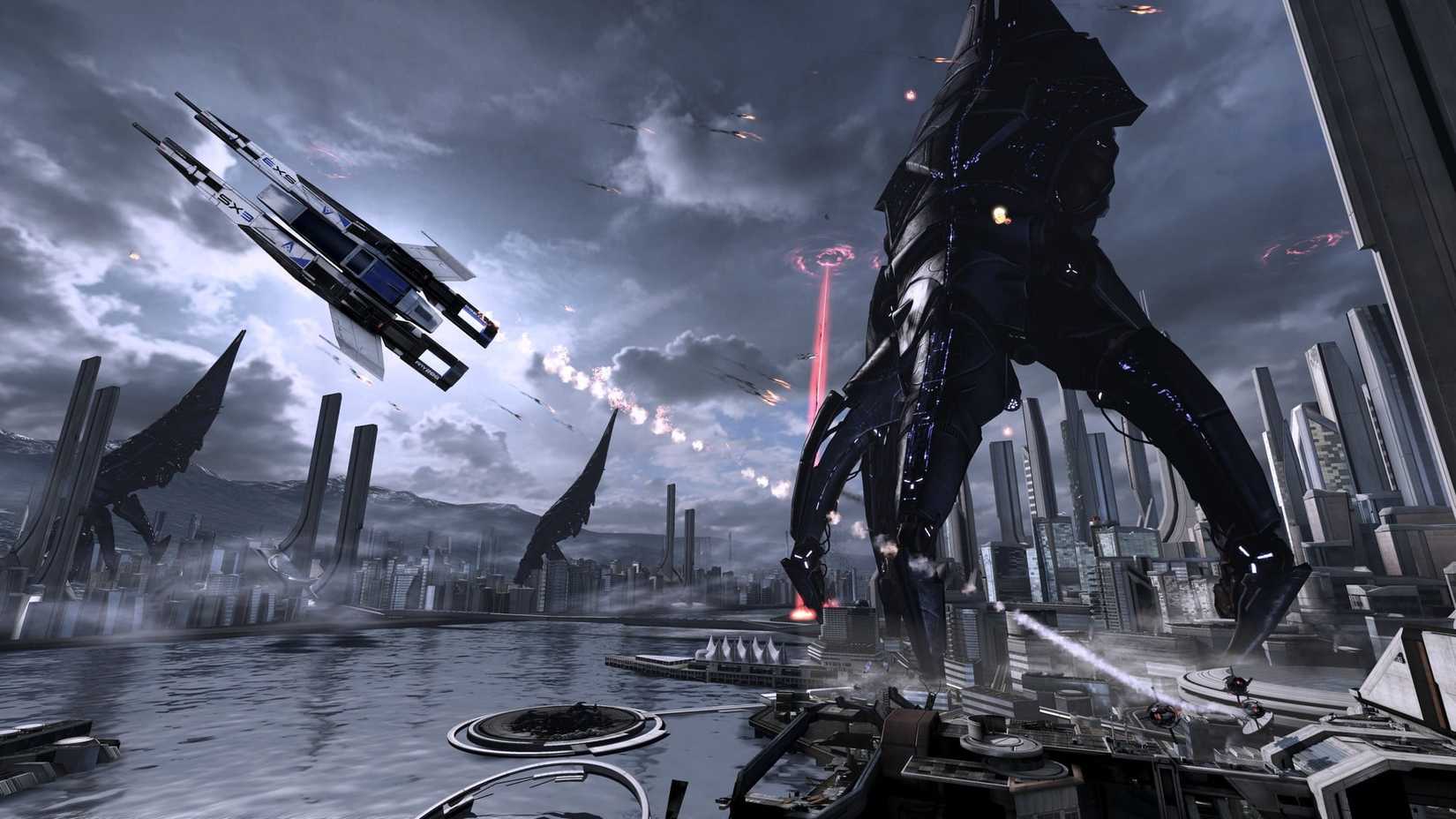 In Mass Effect 3, the Reaper invades Earth with the Normandy flying around.