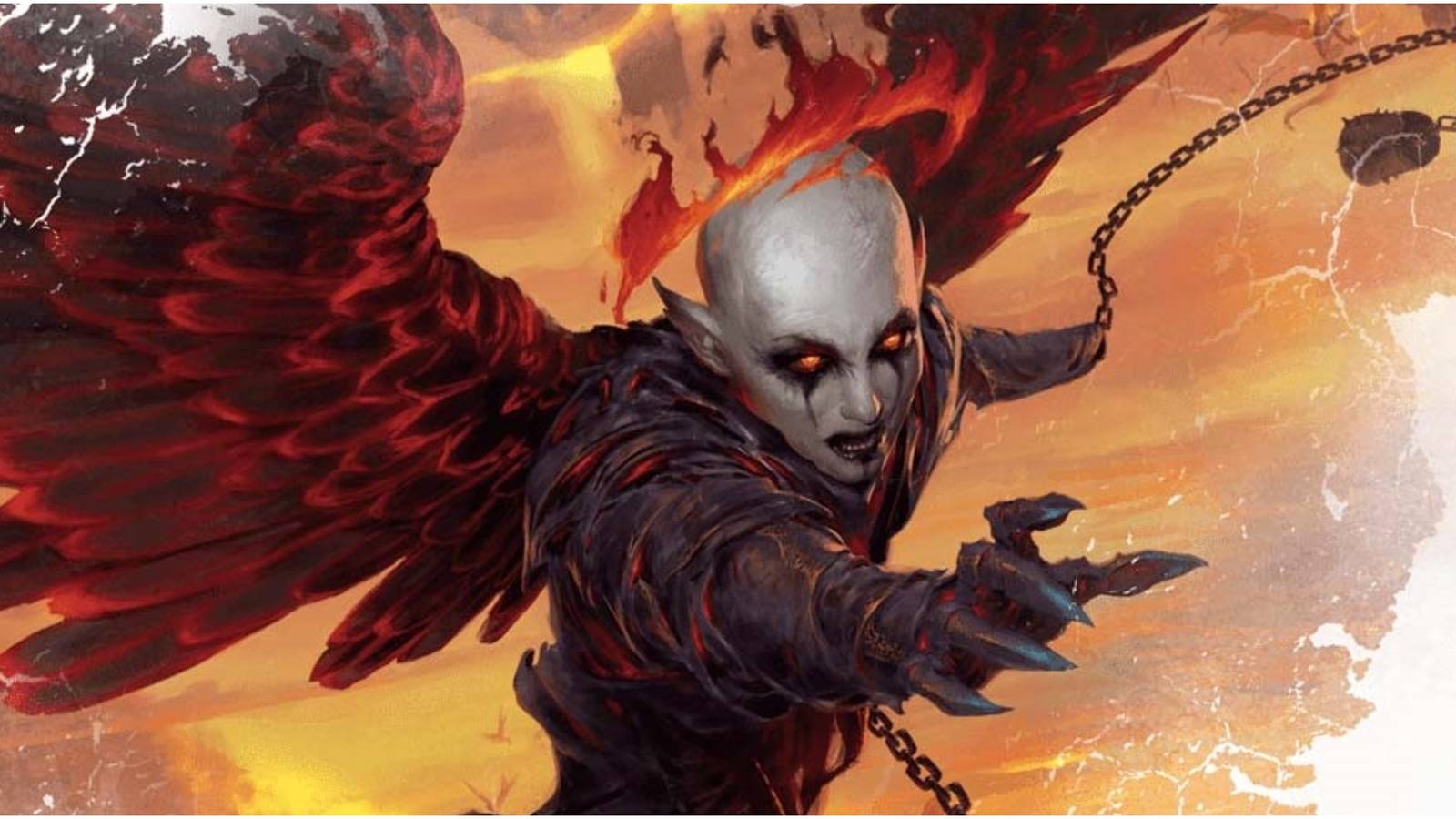 Fiery winged warlock channeling infernal power with chains and flames