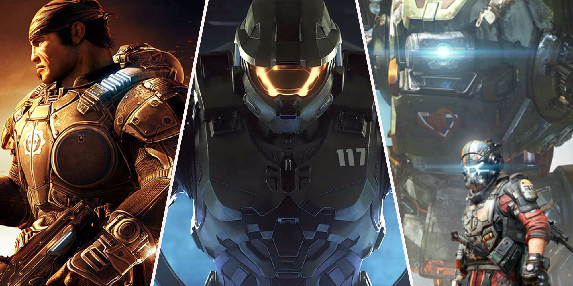 Split image of Gears Isaac, Halo's master chief, and titanfall pilot