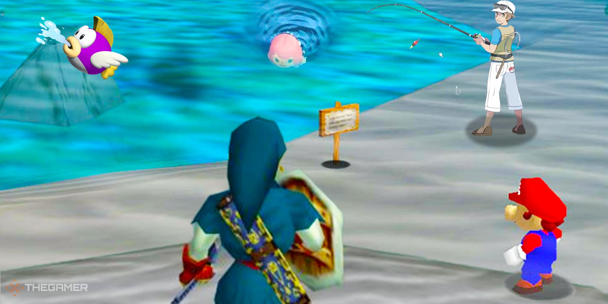 Link, Mario, and three nintendo characters I don't know the name of fishing in some water