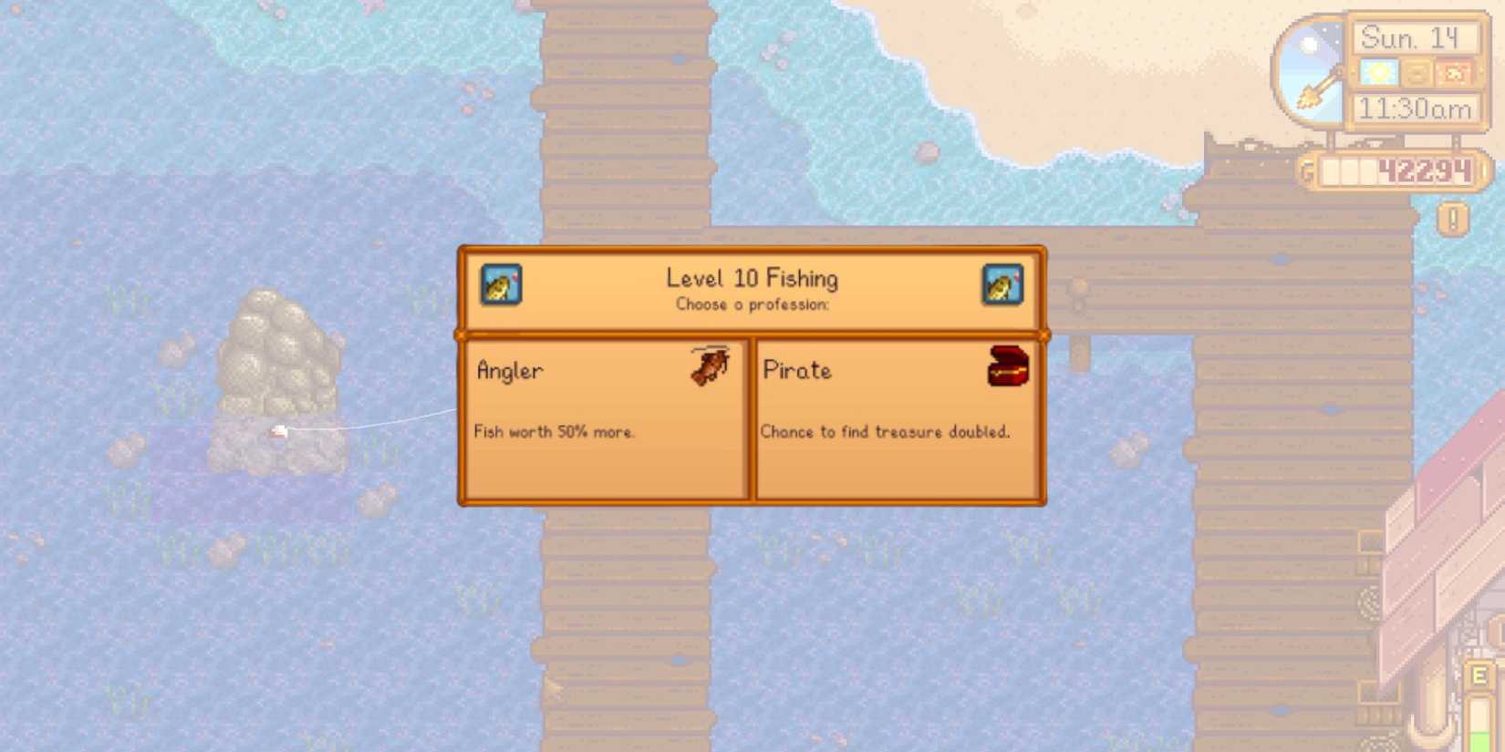 The fishing level up screen in Stardew Valley. 