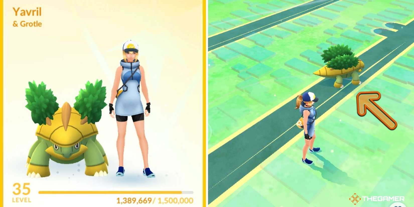 Pokemon Go - Buddy Pokemon (instructional image) (right Pokemon in overworld with player) (left buddy Pokemon in player menu).