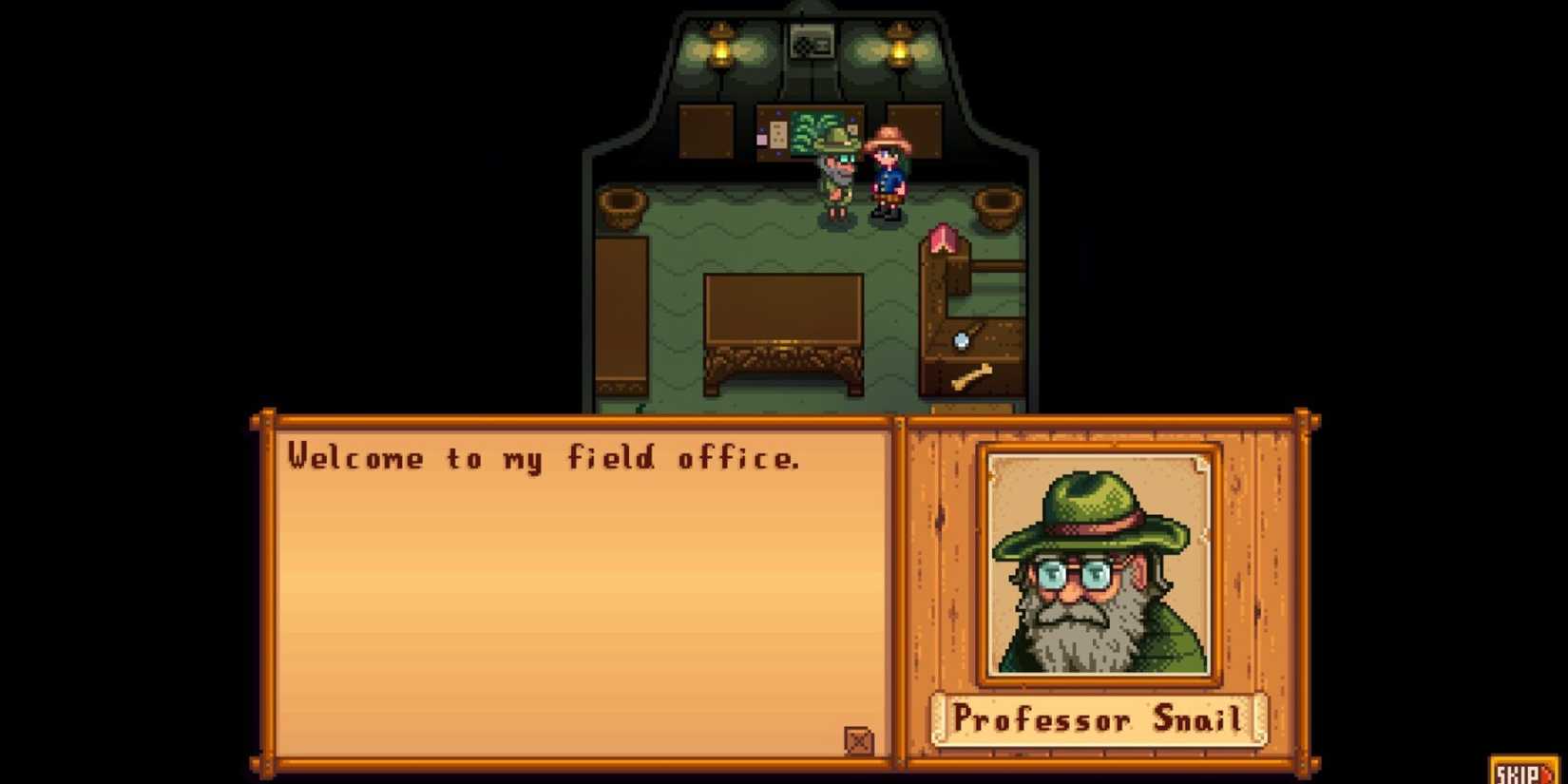 the player standing in the field office talks to the snail professor 