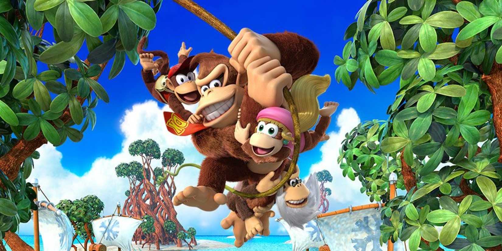 Donkey Kong Country Tropical Freeze promo image of DK, Diddy, Dixie, and Cranky swinging on vines.