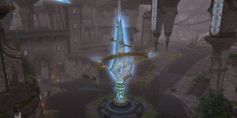 Mor Dhona Aetheryte Crystal in the middle of a city square in Final Fantasy 14