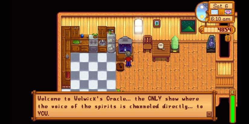 A player watching the fortune telling show in their house in Stardew Valley. 