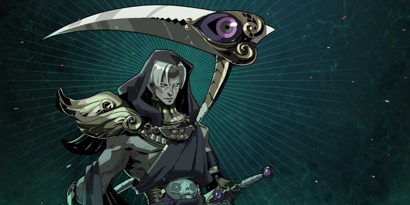 thanatos with his big scythe looking all gloomy and mysterious and sexy