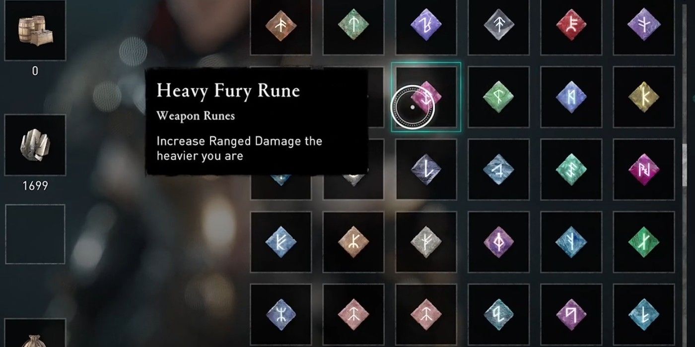 Assassin's Creed Valhalla Heavy Fury Rune menu screen selection with other runes
