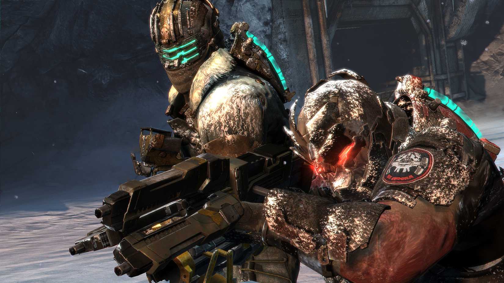 Two players stand ready in Dead Space 3.