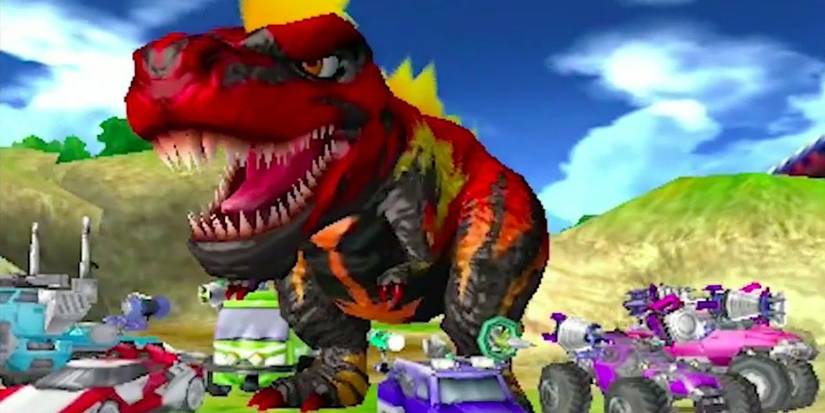 Fossil Fighters dinosaur chasing small trucks