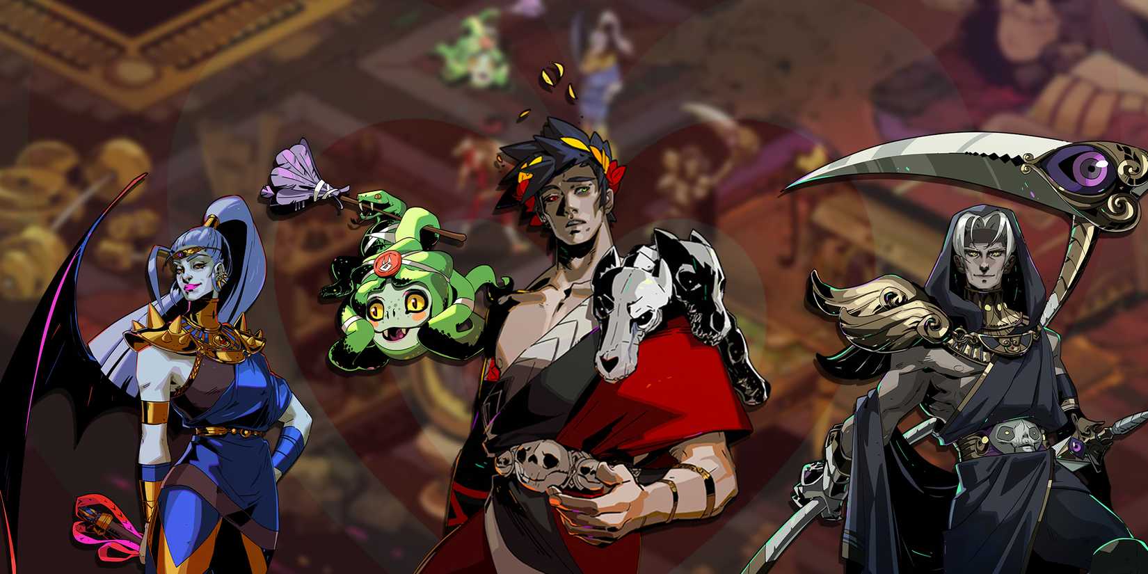 Hades artwork featuring Zagreus, Megaera, and Thanatos.