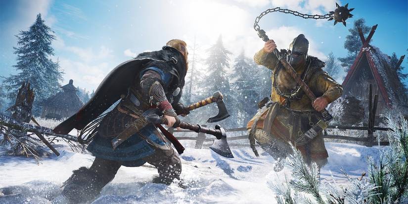 Male Eivor fighting a large enemy in Assassin's Creed Valhalla