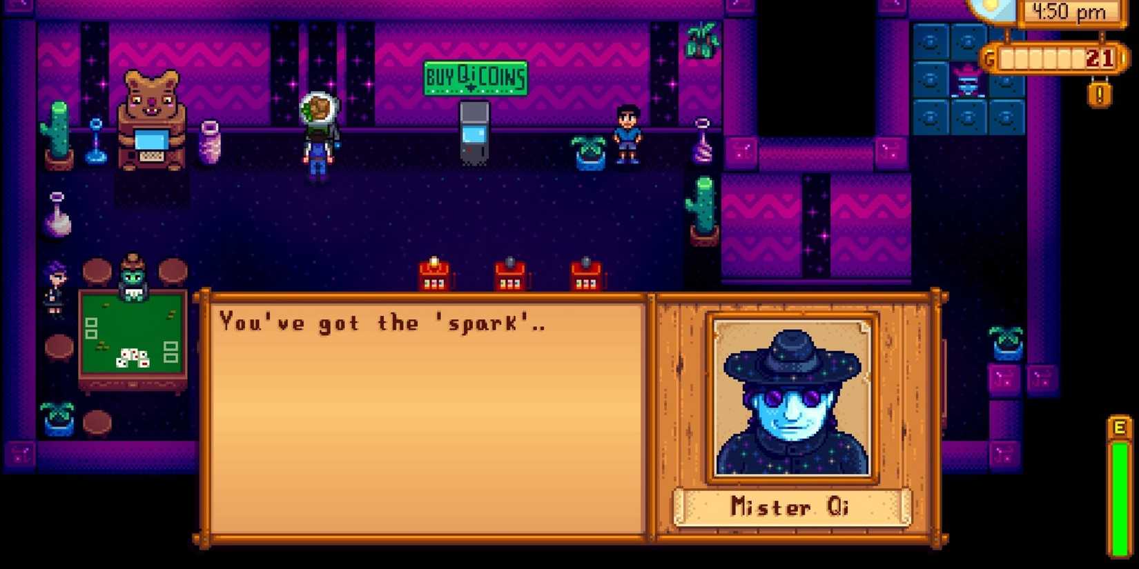 A player talking to Qi at the casino in Stardew Valley.