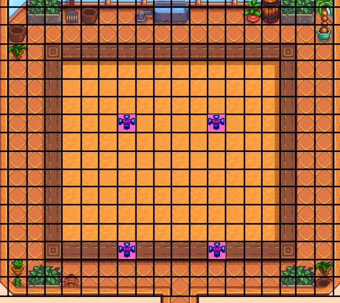 Stardew Valley - Greenhouse - how to optimize iridum sprinklers with pressure nozzles, diagram
