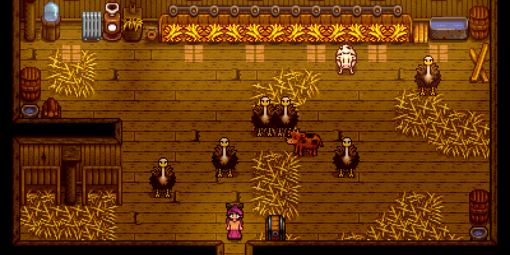 Stardew Valley - Player standing with a bunch of ostriches.