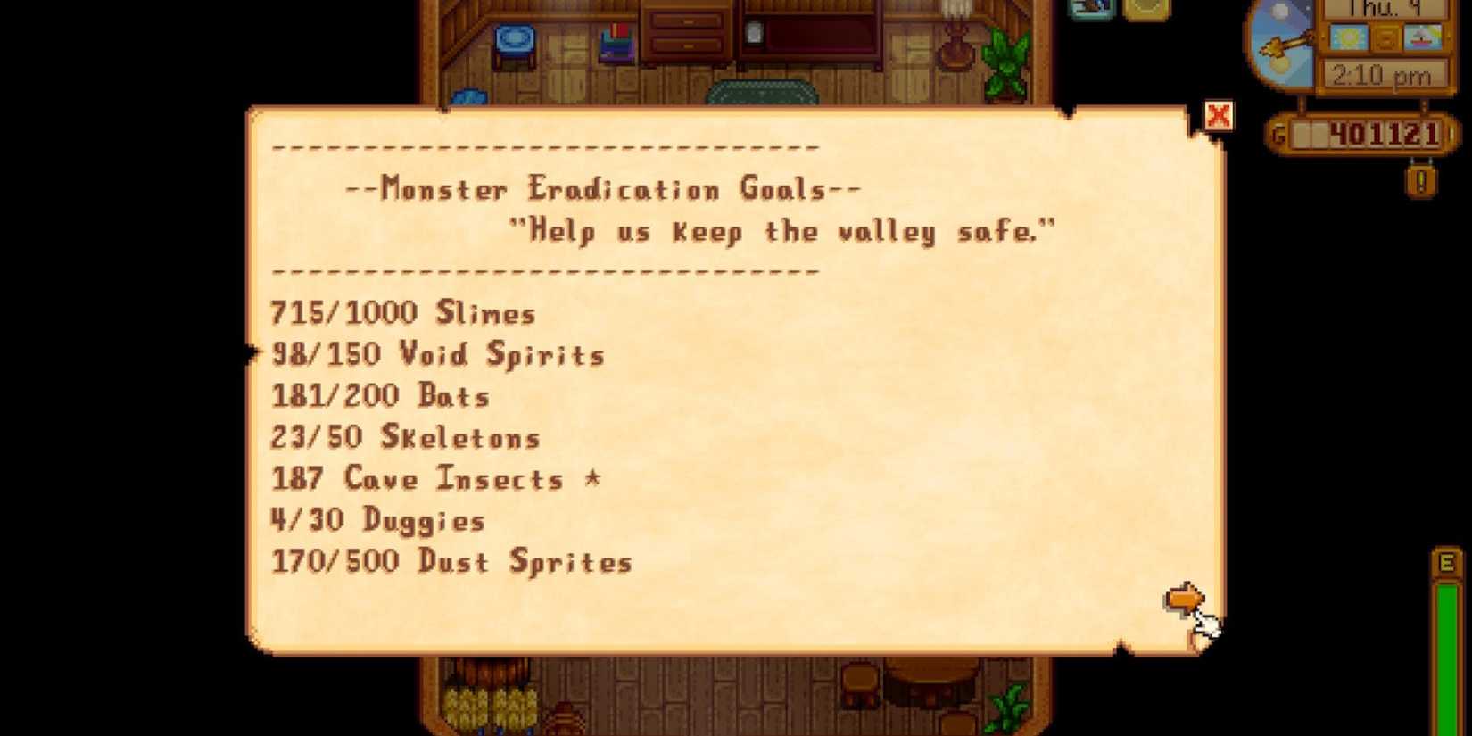 player viewing stats for monster slaying