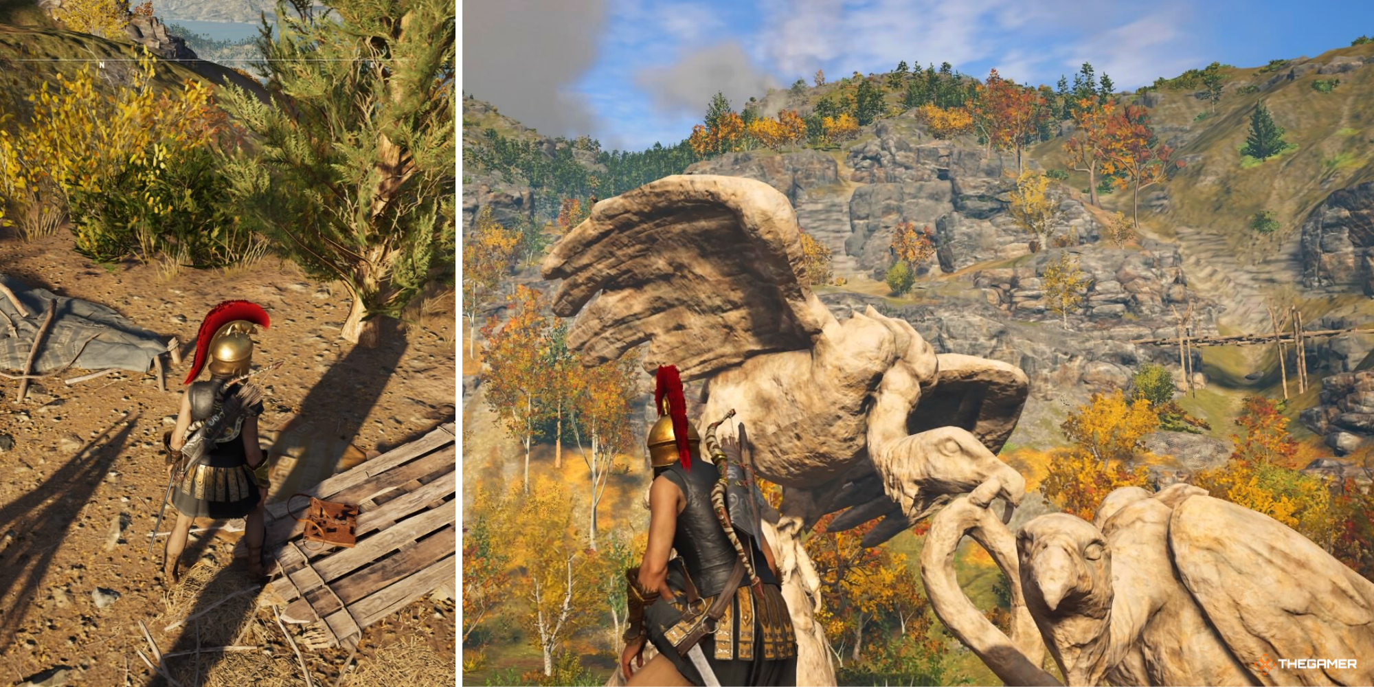 Assassins Creed Odyssey Spartan With A Bloody Satchel On Left Spartan Standing In Front Of A Vulture Sculpture On Right Png