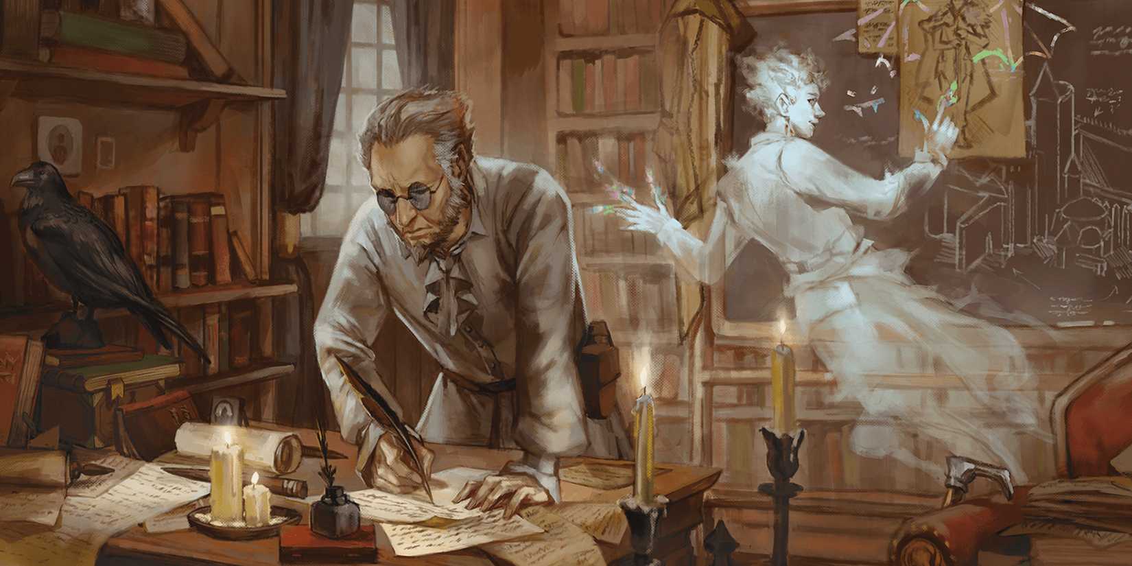 DnD scholar exploring documents, leaving floating ghosts behind.