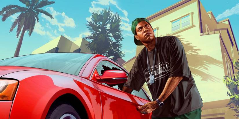 Grand Theft Auto 5 screenshot of Lamar Davis breaking into car.