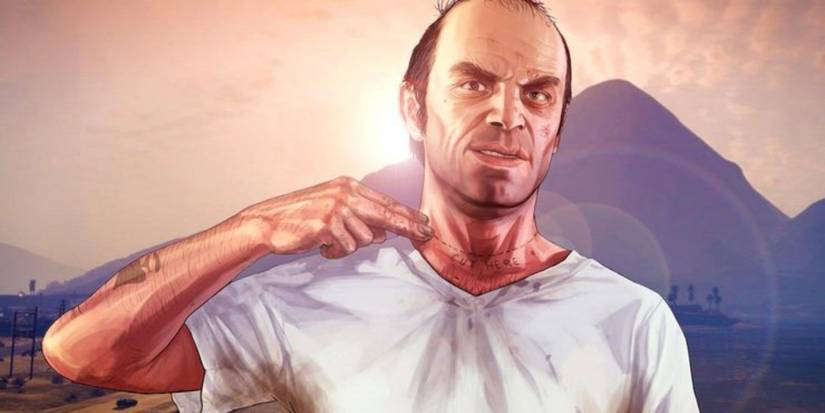 Grand Theft Auto 5 promo image of Trevor Philips making cut throat gesture.