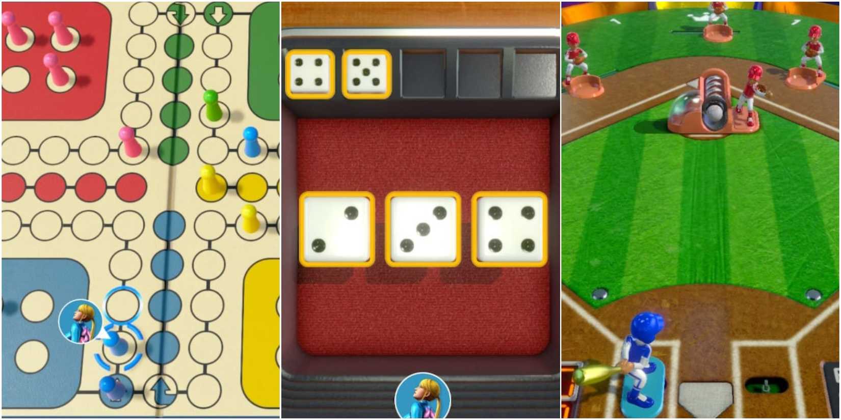 Switch Motion Games - Clubhouse Games - A Split Image of Ludo, Yacht Dice And Toy Baseball