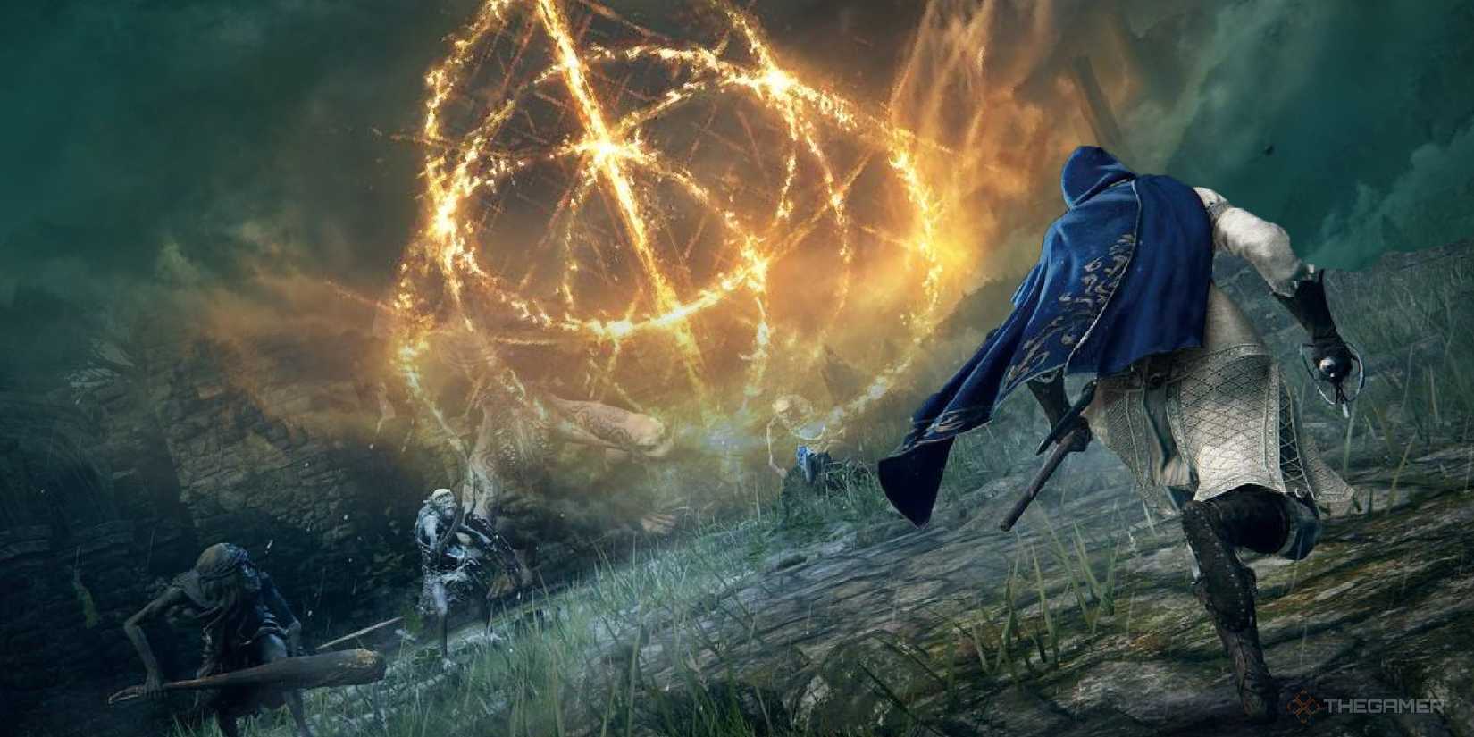 Elden Ring adventurer runs towards a glowing symbol.
