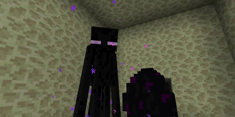 Enderman Standing Next to the Enderdragon Egg in the End in Minecraft