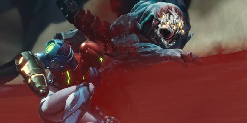 Metroid Dread Samus fighting the first boss of the game