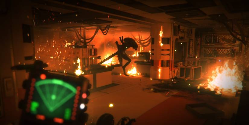 Alien in room on fire. 